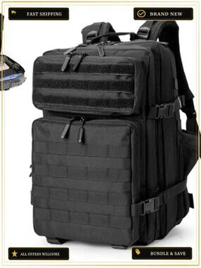 45L Tactical Backpack with 16-inch Laptop Compartment, 5 Compartments,